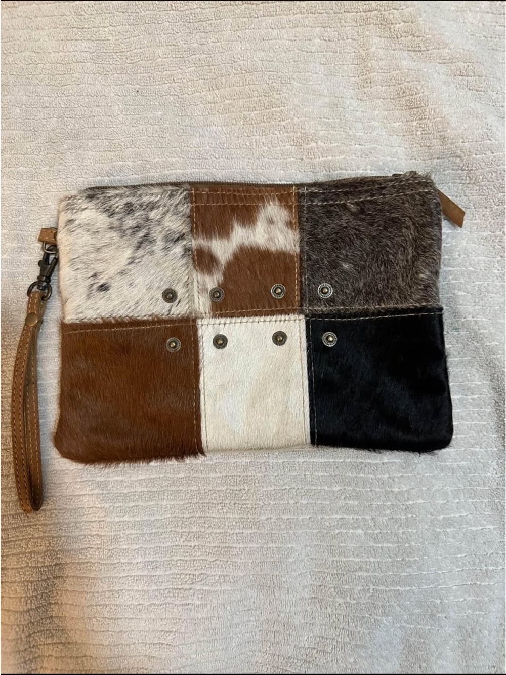 Myra Bag Patchwork Cowhide Wristlet Clutch in Brown, Black & White